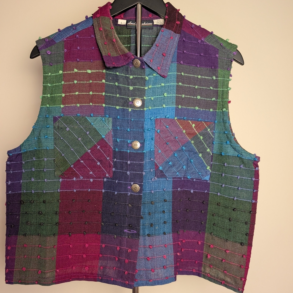 Vintage Ana's Fashions Colorful Patchwork Vest 100% Cotton Size L